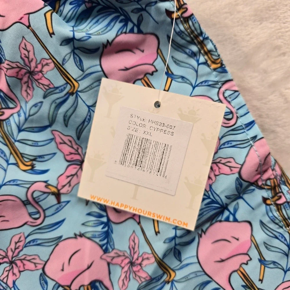 Happy‎ Hour Swim Trunks Mens 2XL Blue Pink Flamingo Tropical Cypress NEW - Picture 5 of 7